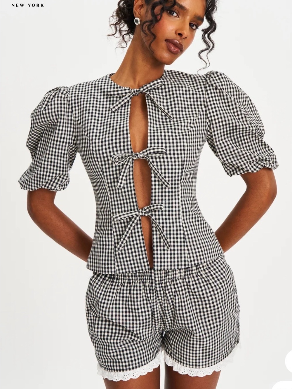 Miss Circle Qusayla Gingham Bubble Sleeve Bowtie Top XS NWOT